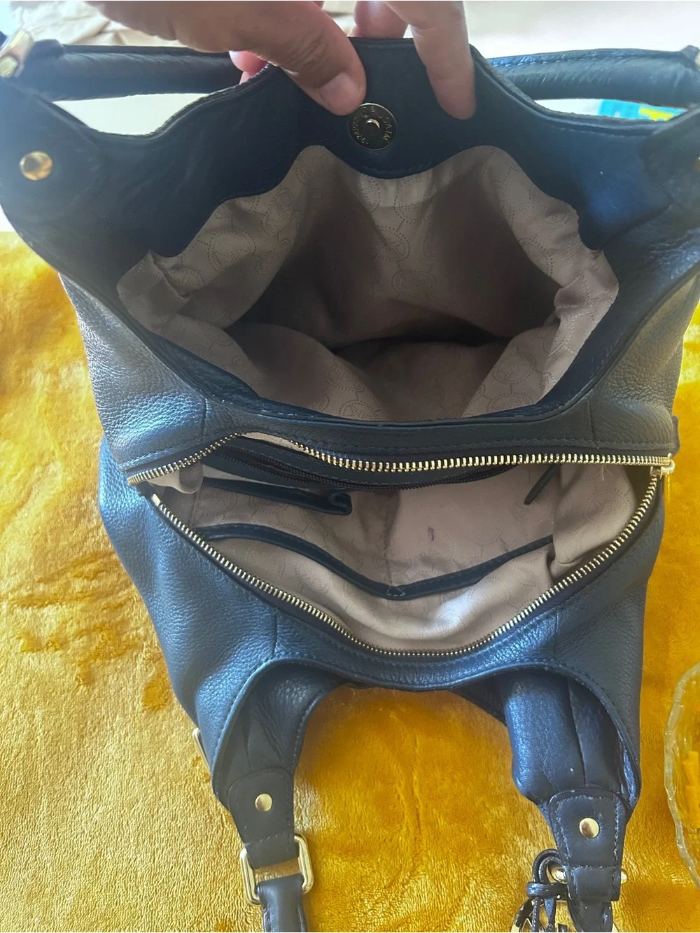 Michael Kors Navy Pebbled Leather Shoulder Bag with Gold Hardware